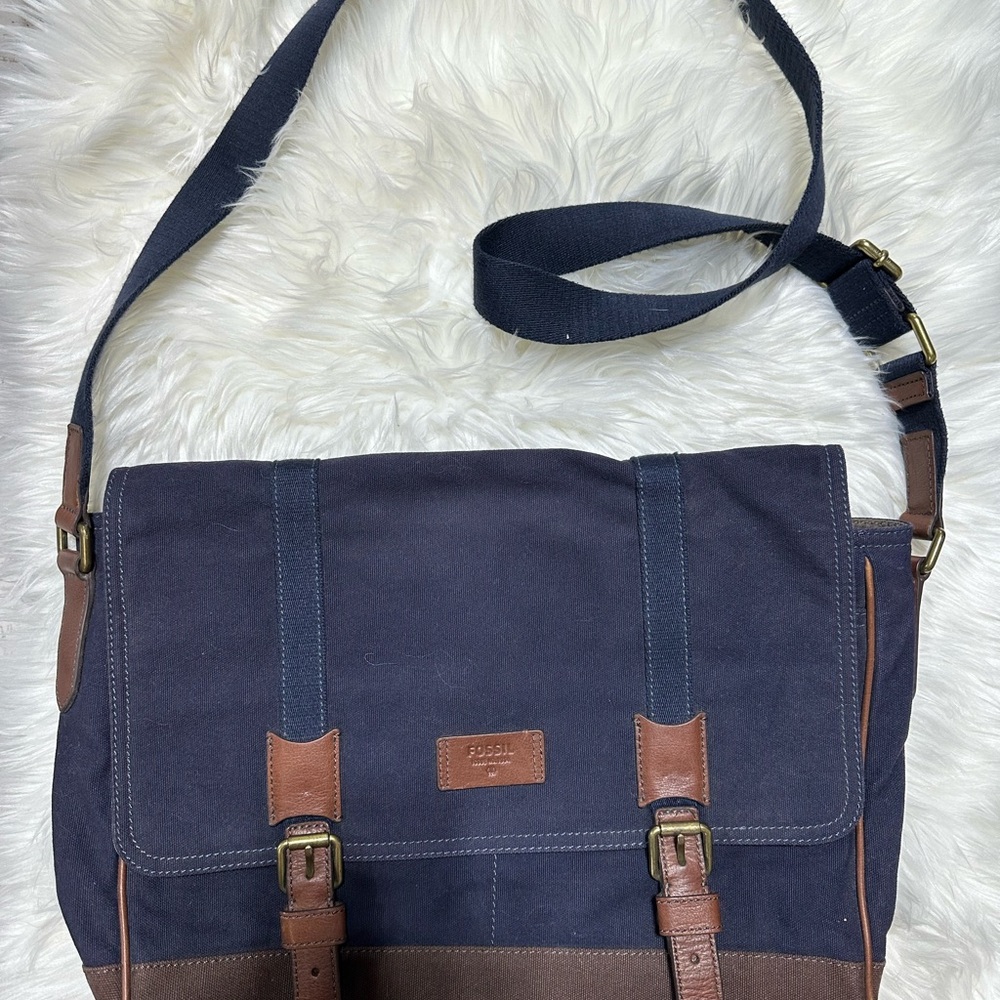 Fossil Navy Canvas Messenger Bag with Brown Leather Accents